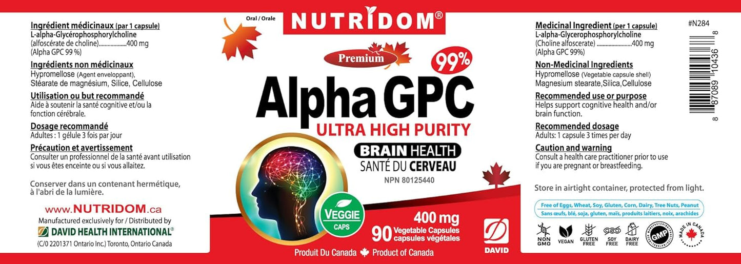 Nutridom Alpha GPC 400mg, 99% Purity Choline Supplement for Brain Function & Cognitive Health | Non-GMO, Vegan, Gluten Free, Soy Free, Dairy Free | 90 Veggie Capsules