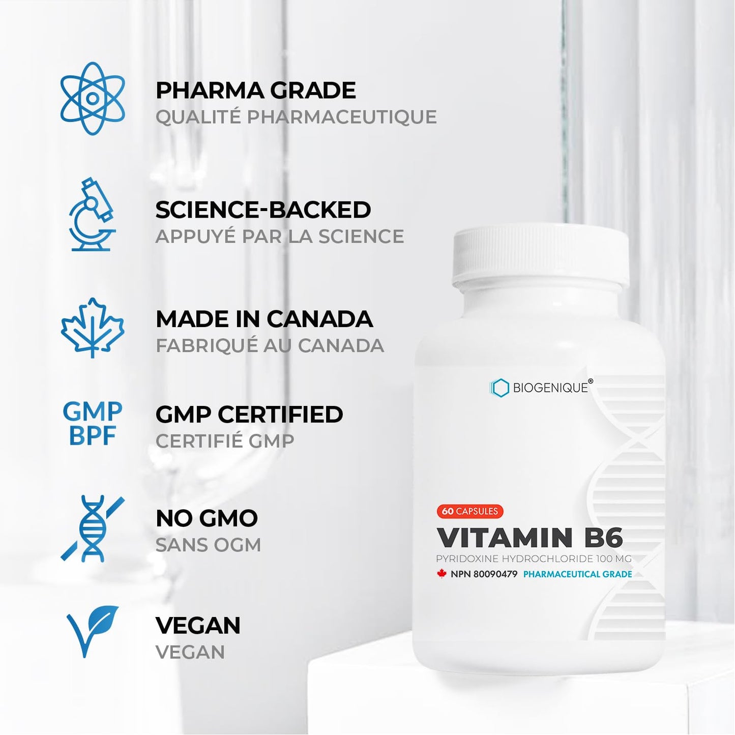 Vitamin B6 100 mg - 60 Capsules B6 Pyridoxin - Supports Energy Production & Metabolism - 2 Months supply Vitamin B6 supplement Made in Canada, Non-GMO, Vegan