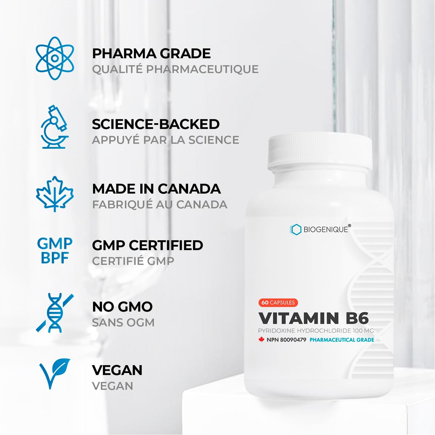 Vitamin B6 100 mg - 60 Capsules B6 Pyridoxin - Supports Energy Production & Metabolism - 2 Months supply Vitamin B6 supplement Made in Canada, Non-GMO, Vegan