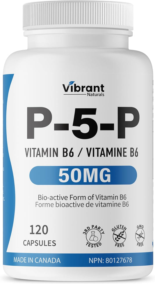 P5P Vitamin B6 Supplement 50mg, 120 Capsules, Active Form of B6 (Pyridoxal-5-Phosphate) - Helps in Energy Metabolism, Third Party Tested, Gluten Free, Non-GMO, Made In Canada, by Vibrant Naturals