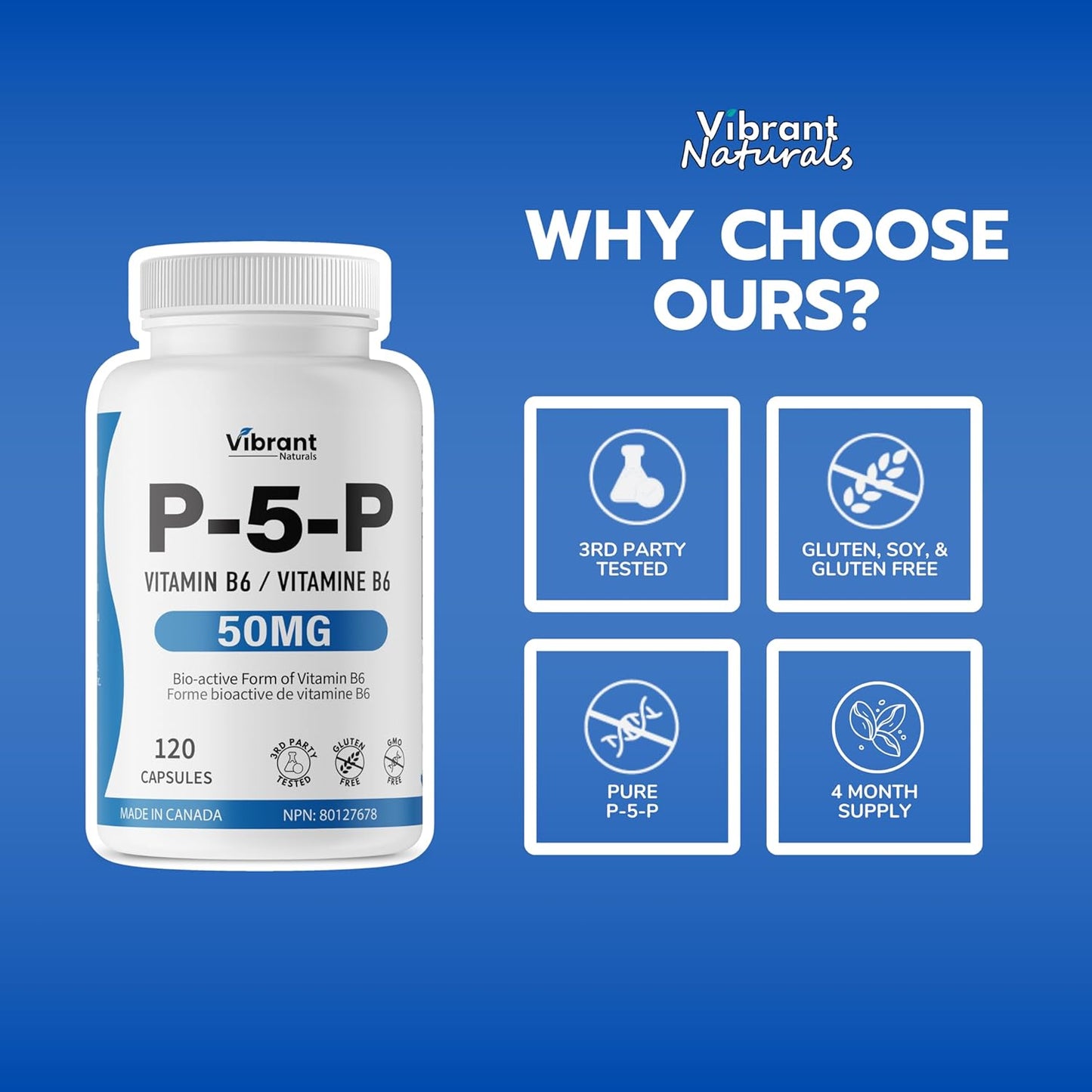 P5P Vitamin B6 Supplement 50mg, 120 Capsules, Active Form of B6 (Pyridoxal-5-Phosphate) - Helps in Energy Metabolism, Third Party Tested, Gluten Free, Non-GMO, Made In Canada, by Vibrant Naturals