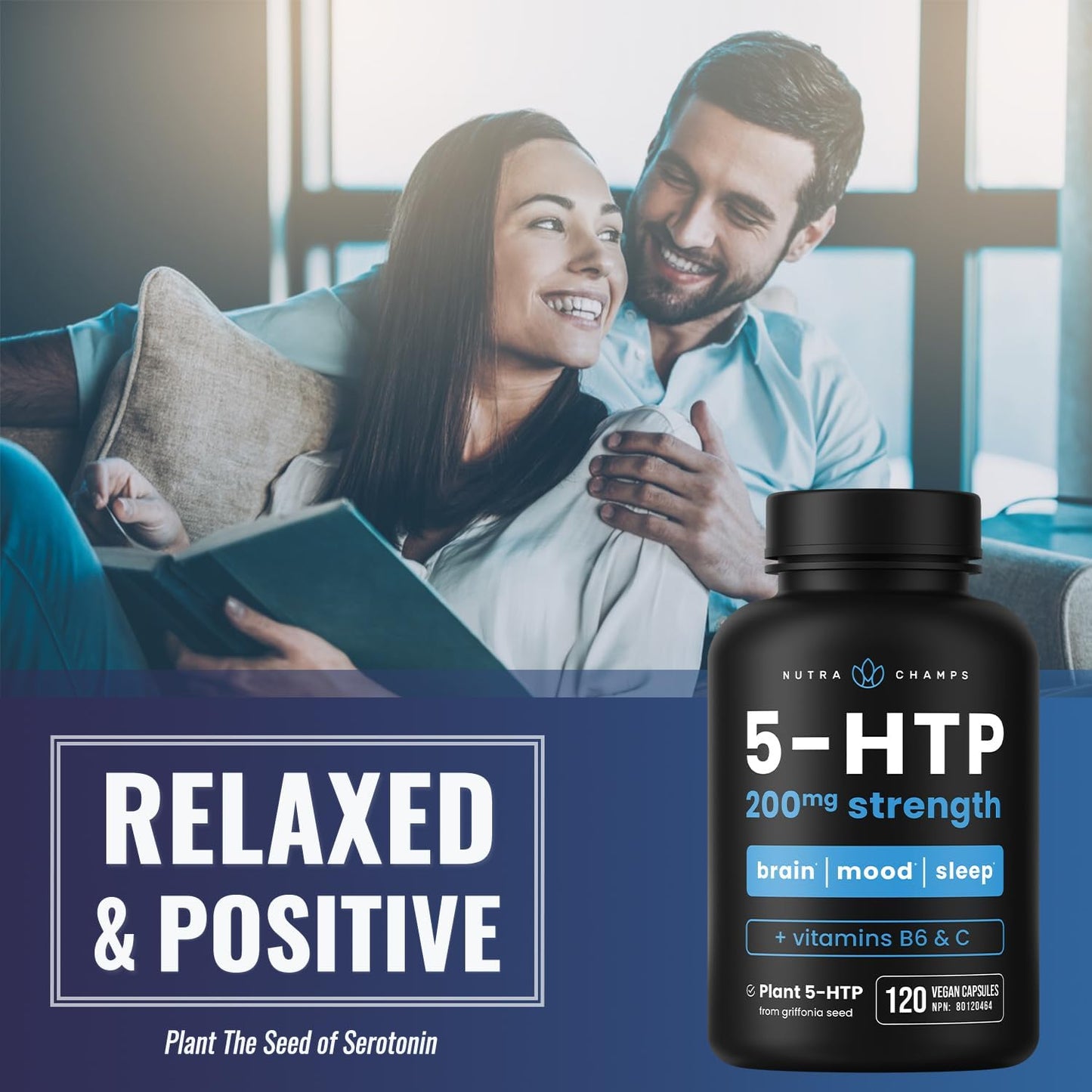 NutraChamps 5-HTP | 120 Vegan Capsules | 100mg Per Capsule | 5HTP Supplement + Co-Factors Vitamin B6 & Vitamin C | Stress Relief, Brain Health, Enhanced Mood & Sleep | Vegan & Non-GMO