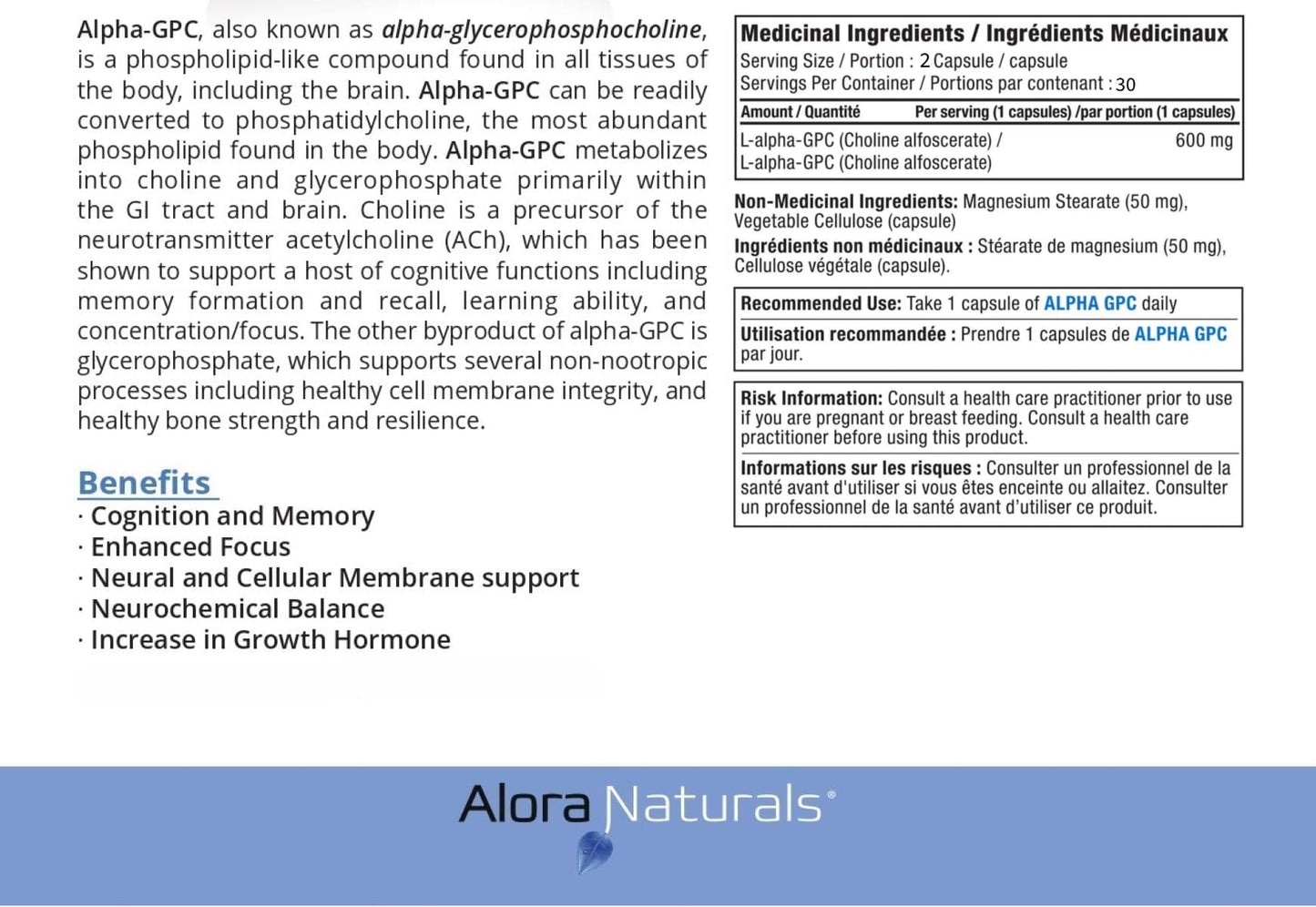 Alora Naturals Alpha GPC 600mg | High-Potency Choline Supplement for Brain Health, Focus & Memory | Acetylcholine Nootropic for Cognitive Support | Vegan, Non-GMO | 60 Capsules