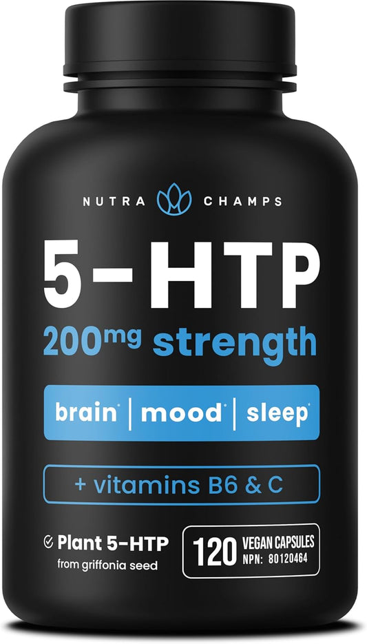NutraChamps 5-HTP | 120 Vegan Capsules | 100mg Per Capsule | 5HTP Supplement + Co-Factors Vitamin B6 & Vitamin C | Stress Relief, Brain Health, Enhanced Mood & Sleep | Vegan & Non-GMO