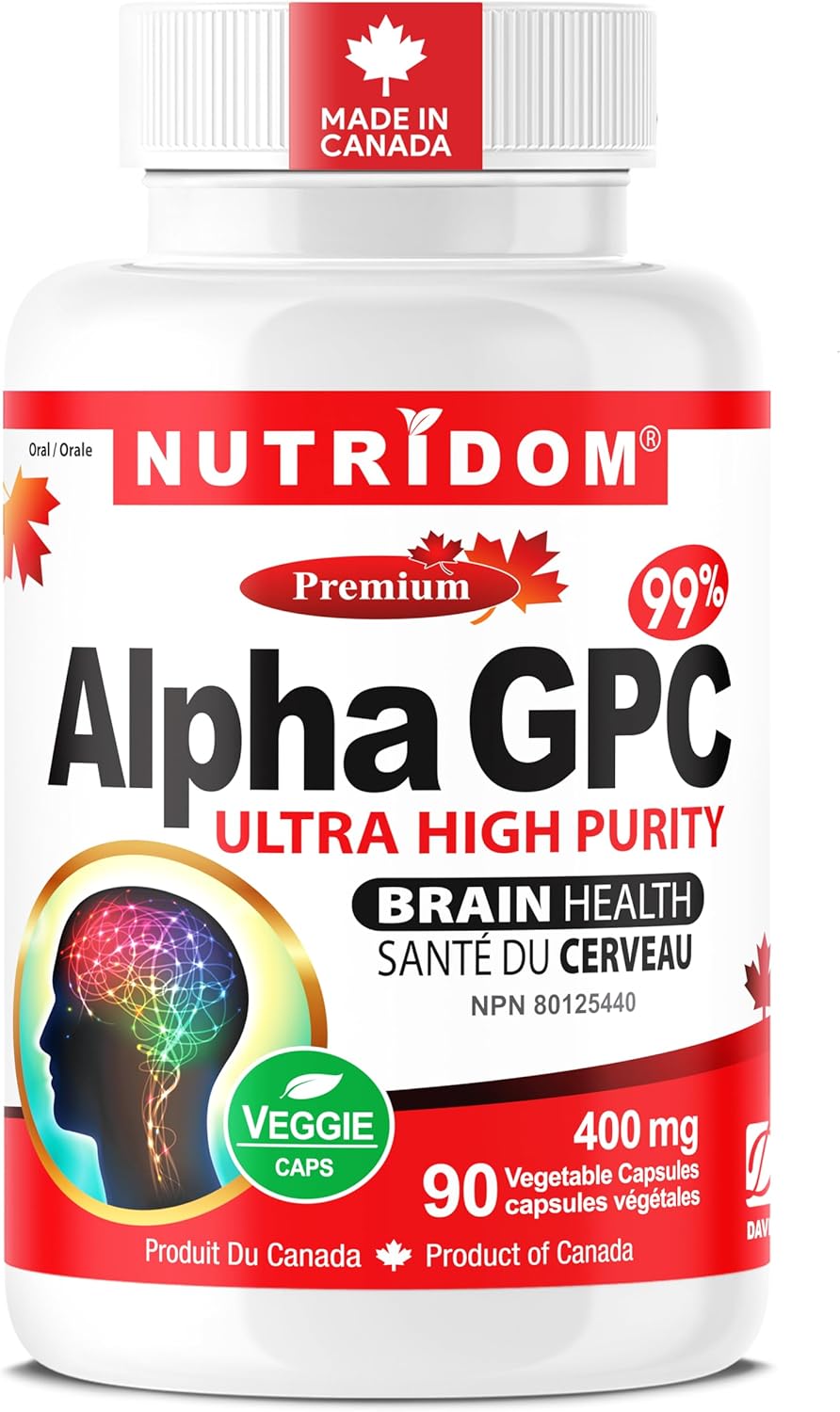 Nutridom Alpha GPC 400mg, 99% Purity Choline Supplement for Brain Function & Cognitive Health | Non-GMO, Vegan, Gluten Free, Soy Free, Dairy Free | 90 Veggie Capsules