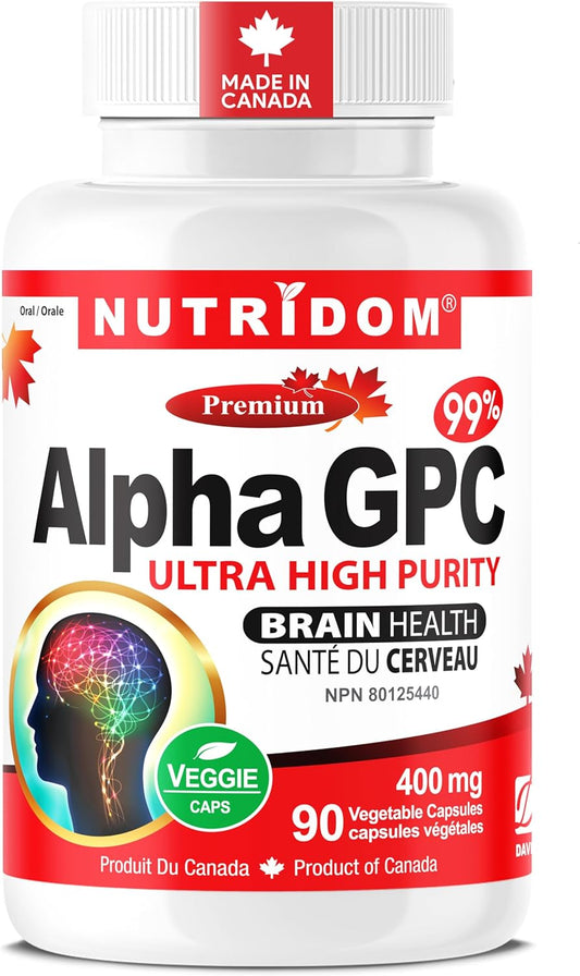 Nutridom Alpha GPC 400mg, 99% Purity Choline Supplement for Brain Function & Cognitive Health | Non-GMO, Vegan, Gluten Free, Soy Free, Dairy Free | 90 Veggie Capsules