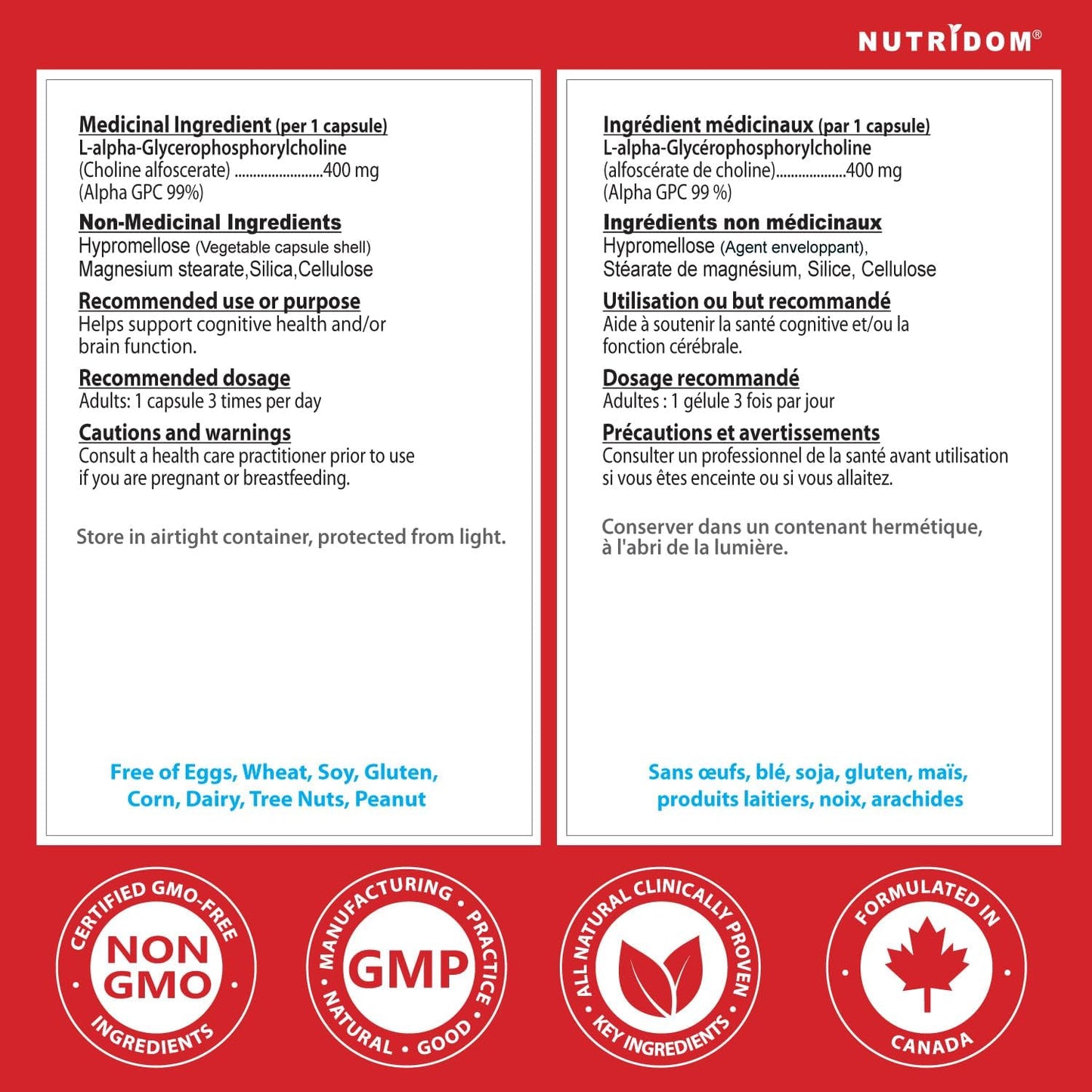 Nutridom Alpha GPC 400mg, 99% Purity Choline Supplement for Brain Function & Cognitive Health | Non-GMO, Vegan, Gluten Free, Soy Free, Dairy Free | 90 Veggie Capsules