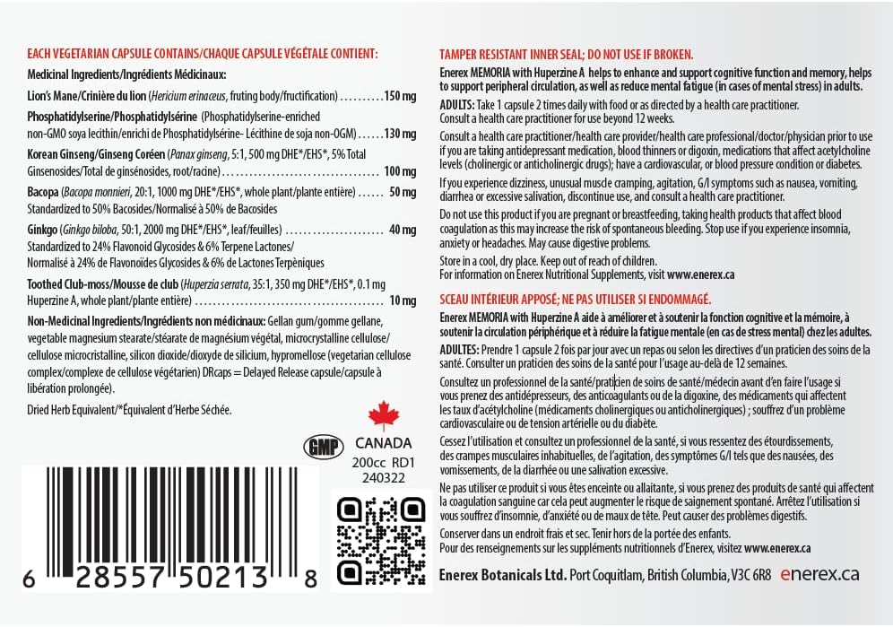 Enerex Memoria with Huperzine A - Advanced Cognitive & Memory Enhancement, 60 DRcaps