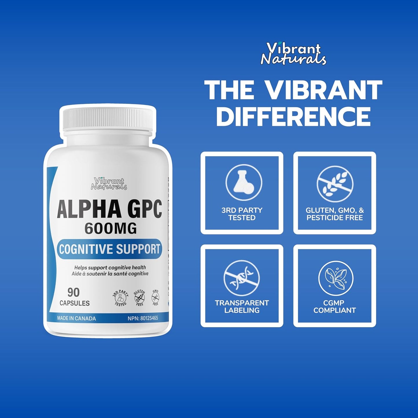 Lucid Gateway Recommends : Alpha GPC 99% Choline Brain Supplement for Acetylcholine, Supports Cognitive Health, Non-GMO, Gluten Free, 90 Vegetarian Capsules, Made In Canada by Vibrant Naturals