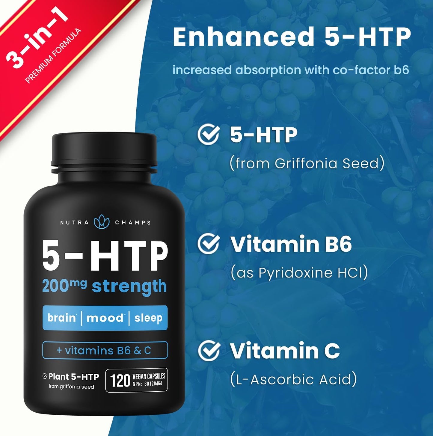 NutraChamps 5-HTP | 120 Vegan Capsules | 100mg Per Capsule | 5HTP Supplement + Co-Factors Vitamin B6 & Vitamin C | Stress Relief, Brain Health, Enhanced Mood & Sleep | Vegan & Non-GMO