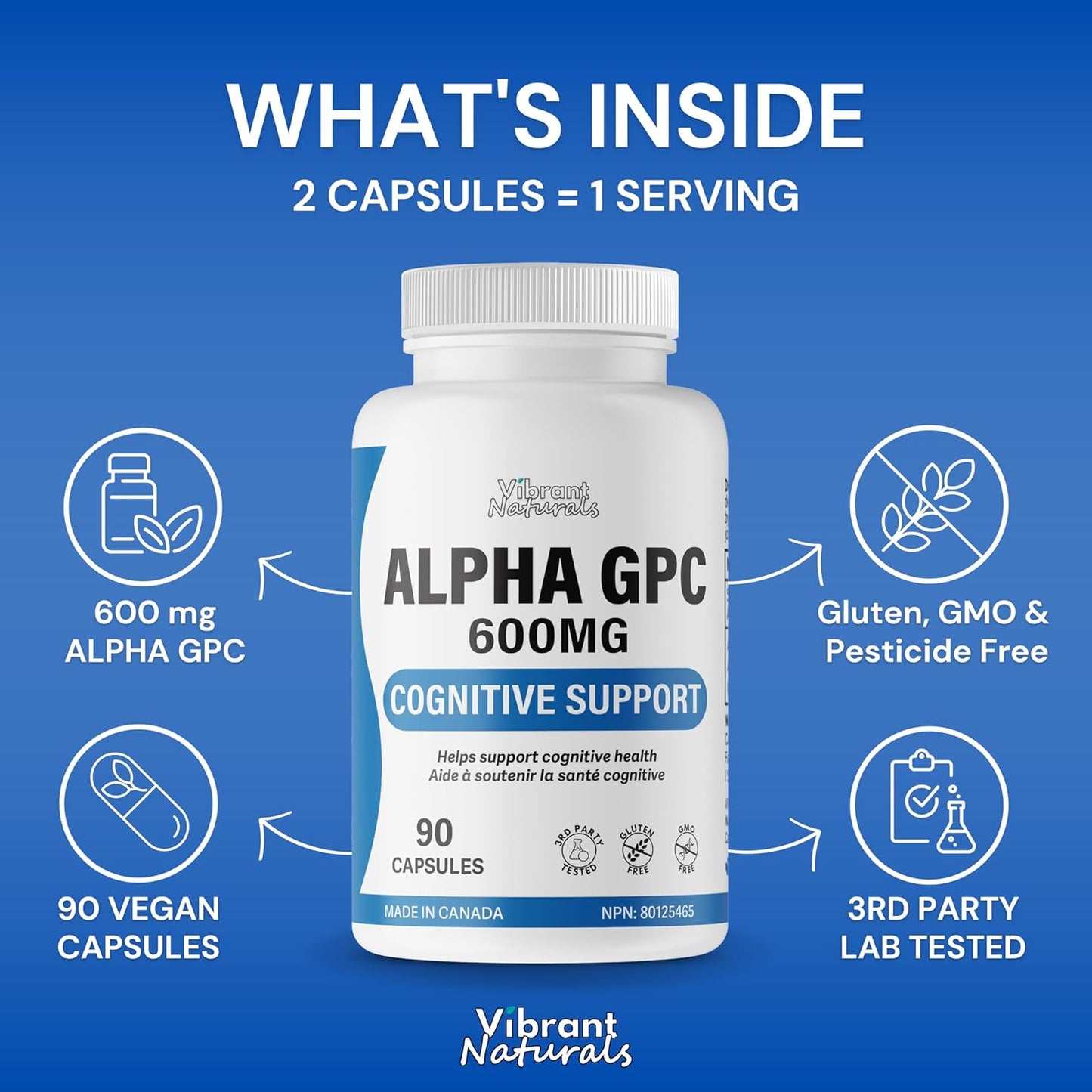 Lucid Gateway Recommends : Alpha GPC 99% Choline Brain Supplement for Acetylcholine, Supports Cognitive Health, Non-GMO, Gluten Free, 90 Vegetarian Capsules, Made In Canada by Vibrant Naturals