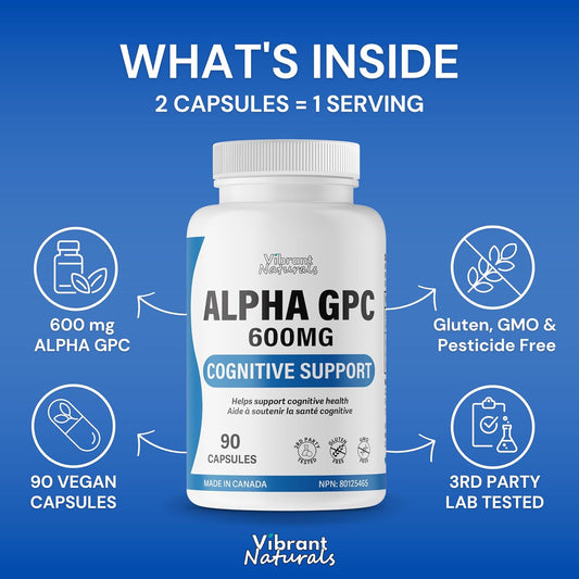 Lucid Gateway Recommends : Alpha GPC 99% Choline Brain Supplement for Acetylcholine, Supports Cognitive Health, Non-GMO, Gluten Free, 90 Vegetarian Capsules, Made In Canada by Vibrant Naturals