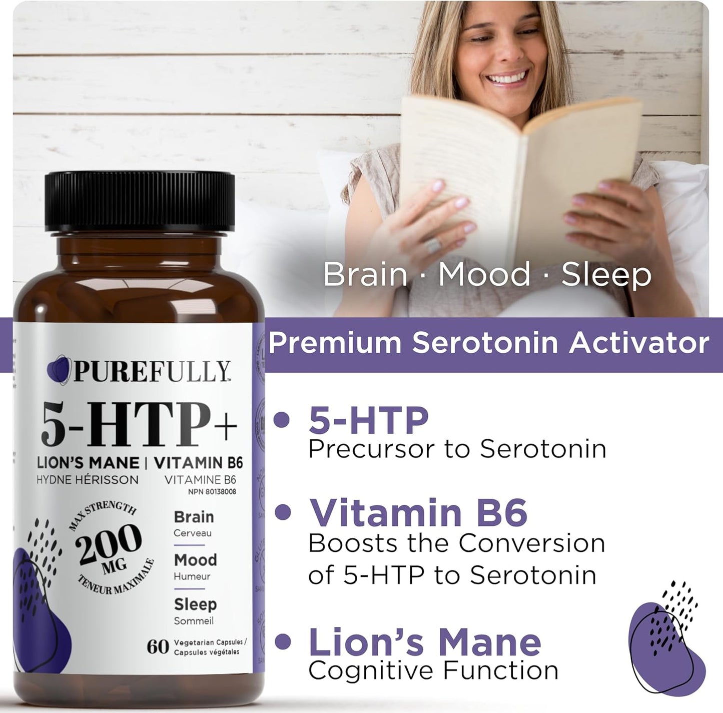 5-HTP Double Strength 200mg Per Capsule + Cofactor Vitamin B6 & Lion’s Mane | Pure Griffonia Simlicifolia Extract | Supports Mood, Cognition & Sleep (60 Capsules | 60-Day Supply)