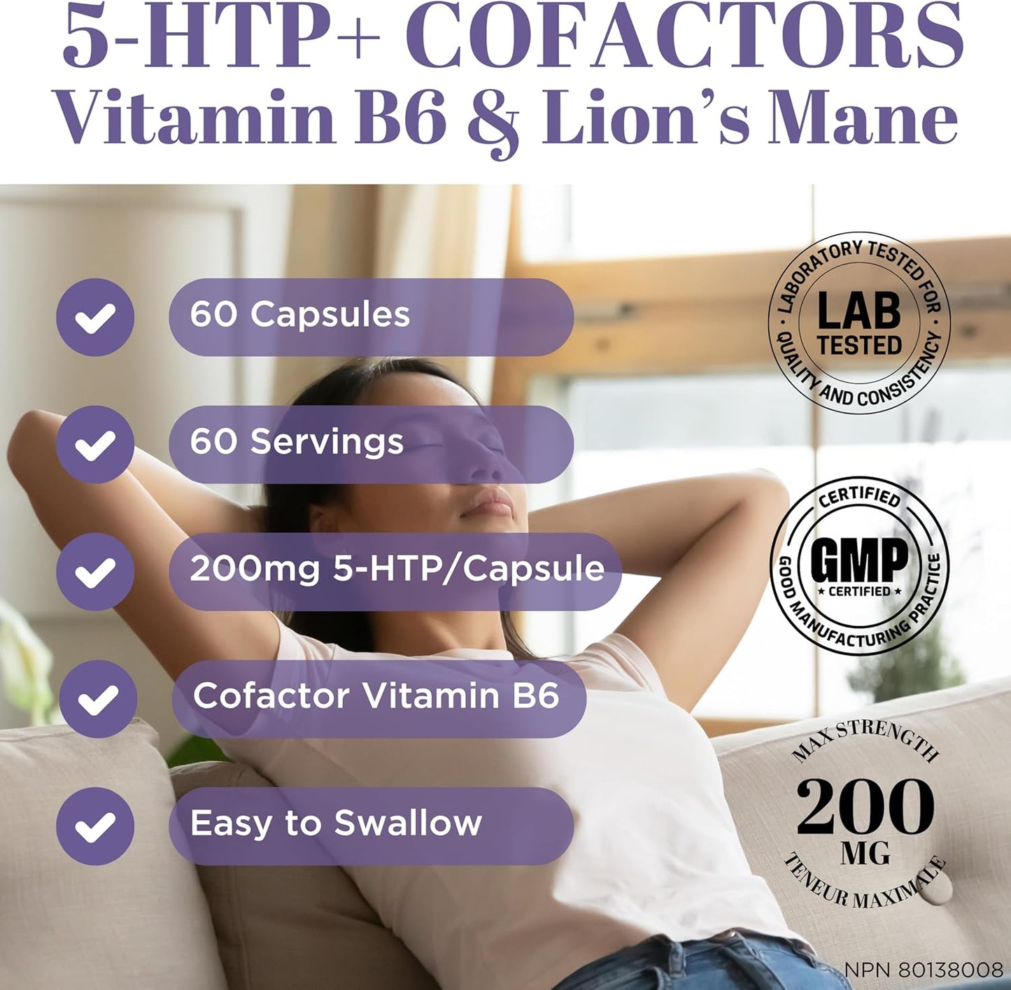 5-HTP Double Strength 200mg Per Capsule + Cofactor Vitamin B6 & Lion’s Mane | Pure Griffonia Simlicifolia Extract | Supports Mood, Cognition & Sleep (60 Capsules | 60-Day Supply)