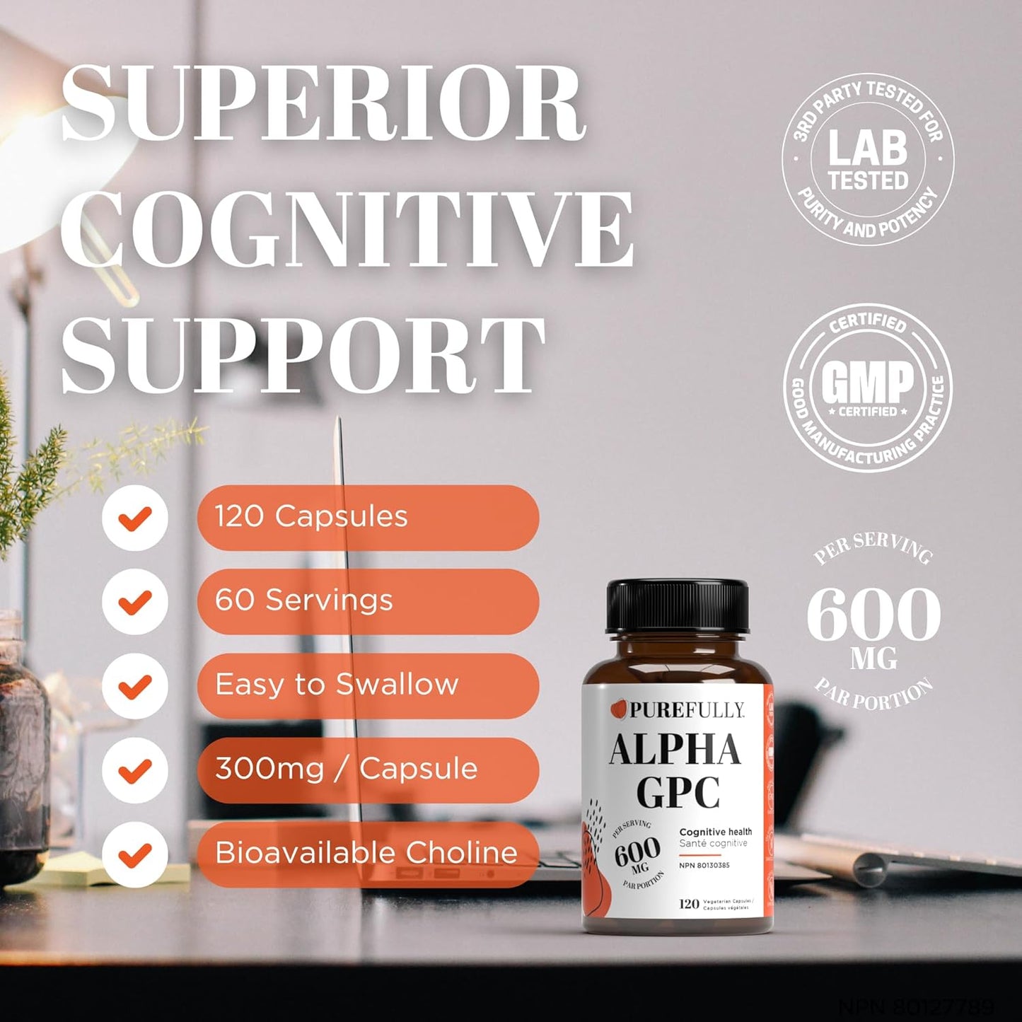 Lucid Gateway Recommends : Alpha GPC Choline Supplement - 120 Capsules, 600mg per Serving – Superior Cognitive Support for Focus, Memory and Brain Health - (Made in Canada)