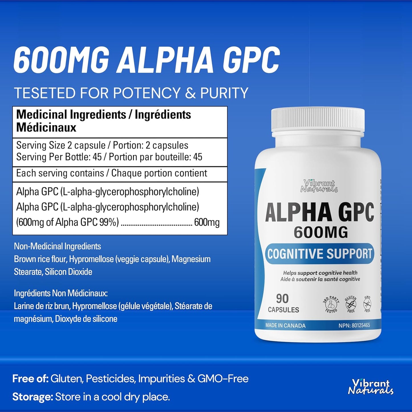Lucid Gateway Recommends : Alpha GPC 99% Choline Brain Supplement for Acetylcholine, Supports Cognitive Health, Non-GMO, Gluten Free, 90 Vegetarian Capsules, Made In Canada by Vibrant Naturals