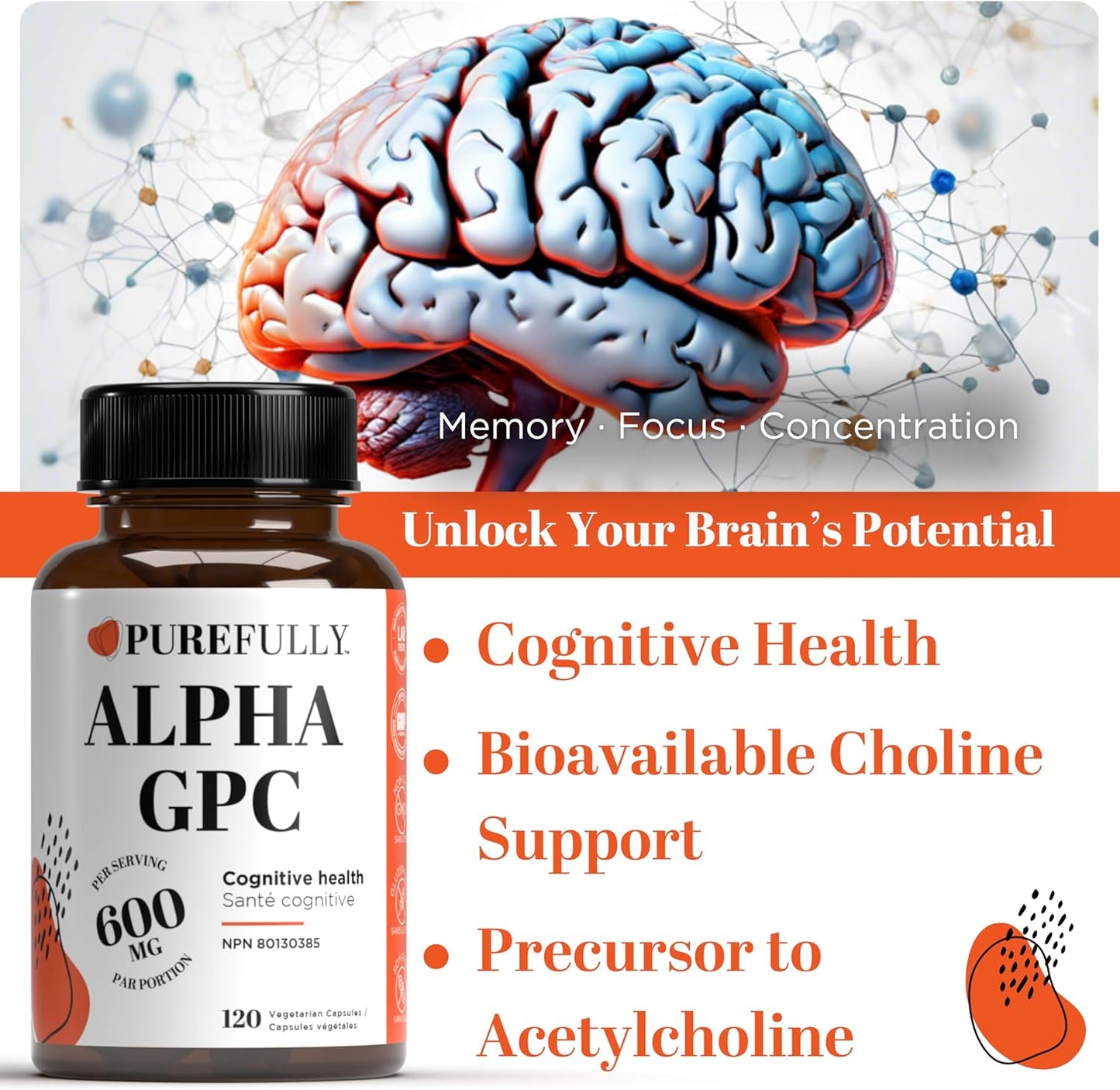 Lucid Gateway Recommends : Alpha GPC Choline Supplement - 120 Capsules, 600mg per Serving – Superior Cognitive Support for Focus, Memory and Brain Health - (Made in Canada)