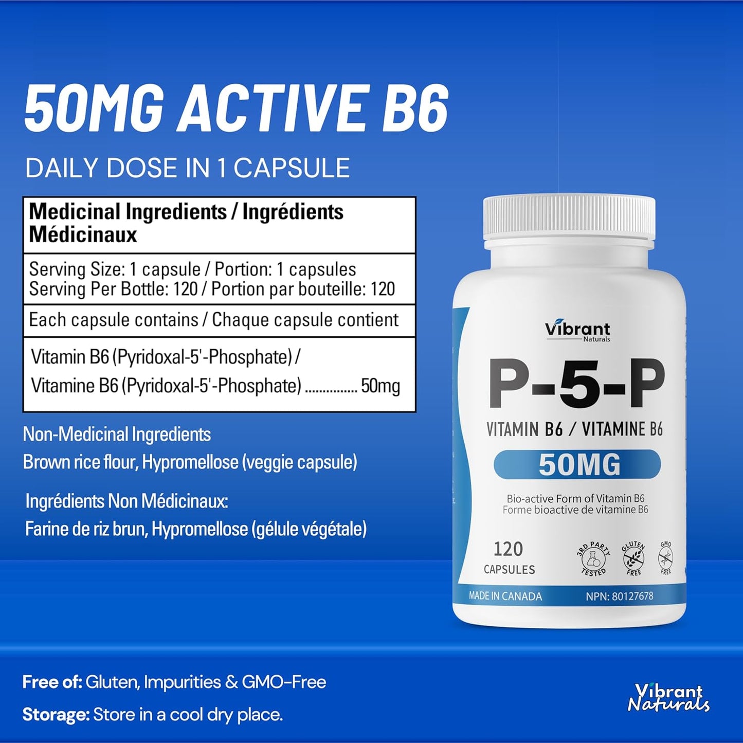 P5P Vitamin B6 Supplement 50mg, 120 Capsules, Active Form of B6 (Pyridoxal-5-Phosphate) - Helps in Energy Metabolism, Third Party Tested, Gluten Free, Non-GMO, Made In Canada, by Vibrant Naturals
